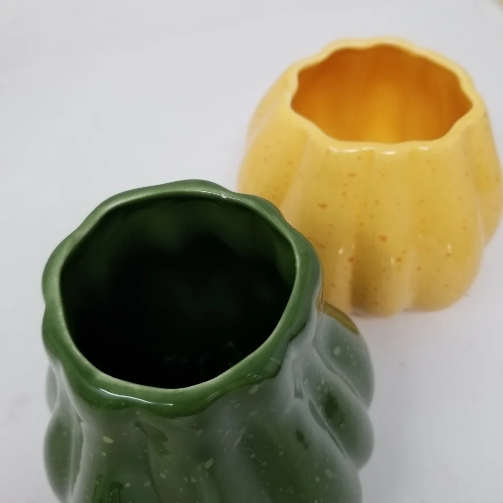 Crate and Barrel Flecked Vase Planter Gourd Squash Yellow Green Signed B Eigler